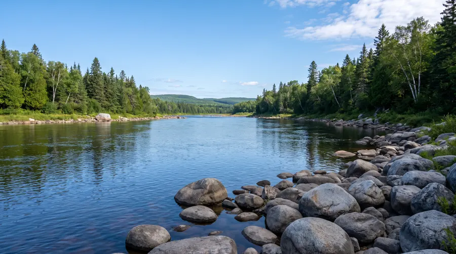 Rivière calme entre épinettes et bouleaux