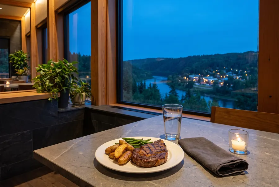 Assiette de steak devant une fenêtre sur une vallée boisée