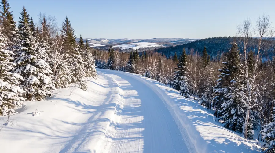 Sentier de motoneige en forêt un matin d'hiver